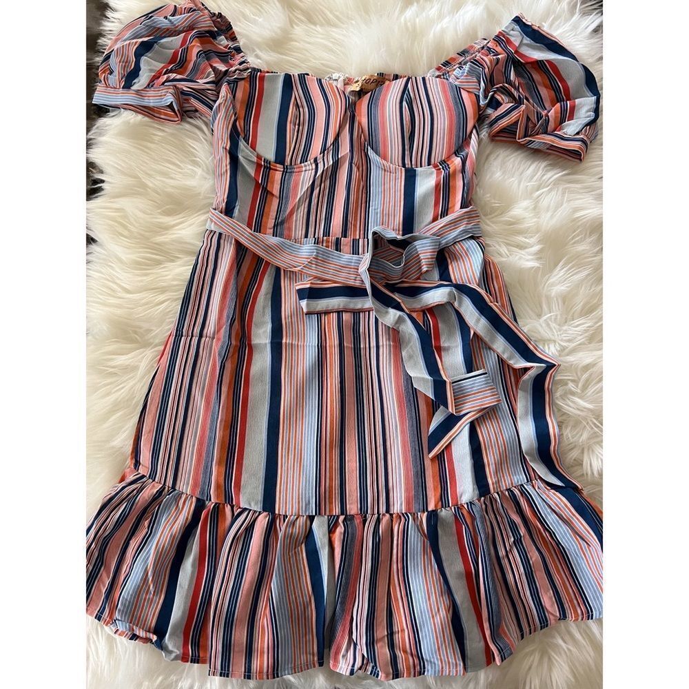 Shop 17 Mini Dress Size Small Striped Multi Color Waist Tie Feminine Ruffle NWT - Picture 3 of 6